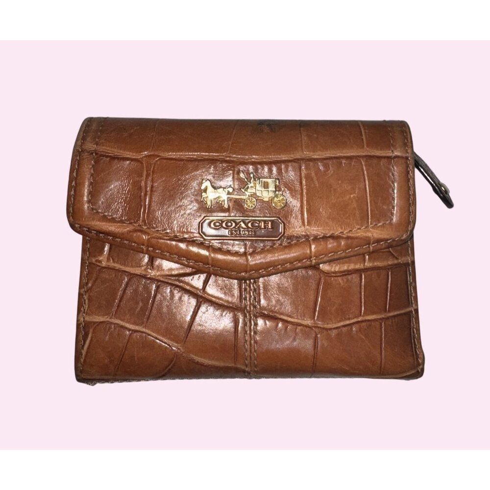 Coach Brown Croc Embossed Leather Wallet tri fold vintage